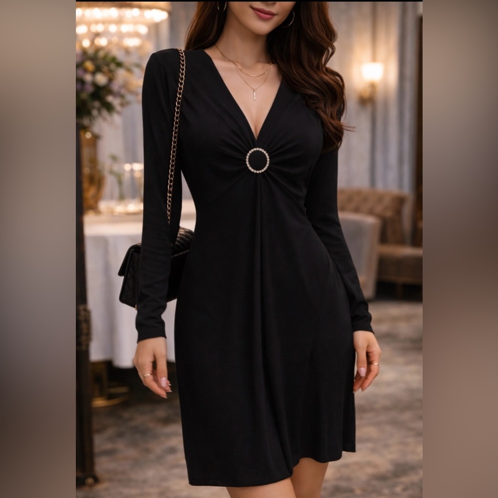 Evan Picone Black Long-Sleeve V-Neck Dress with Rhinestone Ring
